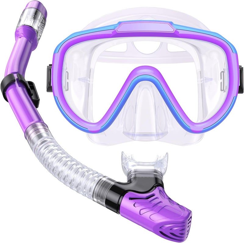 Seovediary Kids Snorkel Set, Anti-Fog Panoramic Tempered Glass Kids Snorkel mask, Anti-Leak Scuba Diving Mask with Mesh Bag, Dry Top Snorkeling Gear for Kids and Youth Age 4-16 - Image 1
